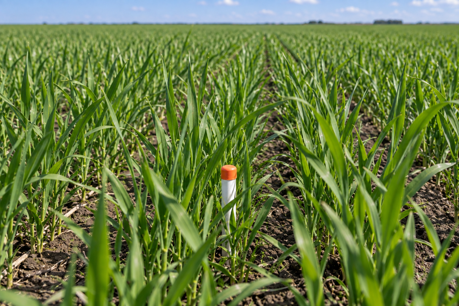 AI illustration of a short soil-monitoring probe installed among wheat rows