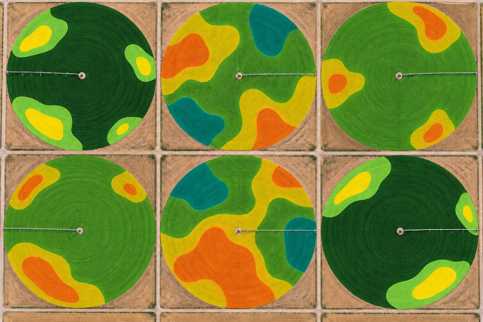 Illustrative management zones on six fictional centre-pivot fields, not client data